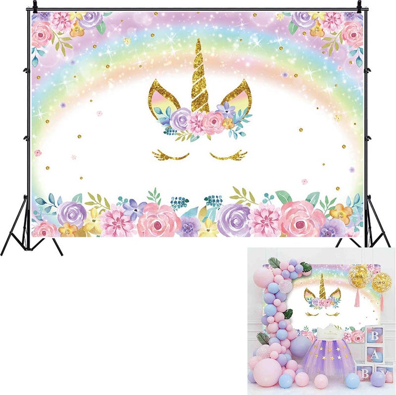 DASHAN 7x5ft Polyester Unicorn Backdrop Rainbow Baby Girl 1st Birthday Cake Smash Glitter Gold Sequins Rustic Flower Photography Background Flower Unicorn Birthday Party YouTube Photo Prop - Image 1